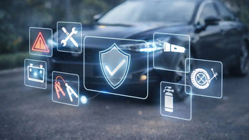 Car emergency kit essentials icons over a parked vehicle, highlighting safety and tools