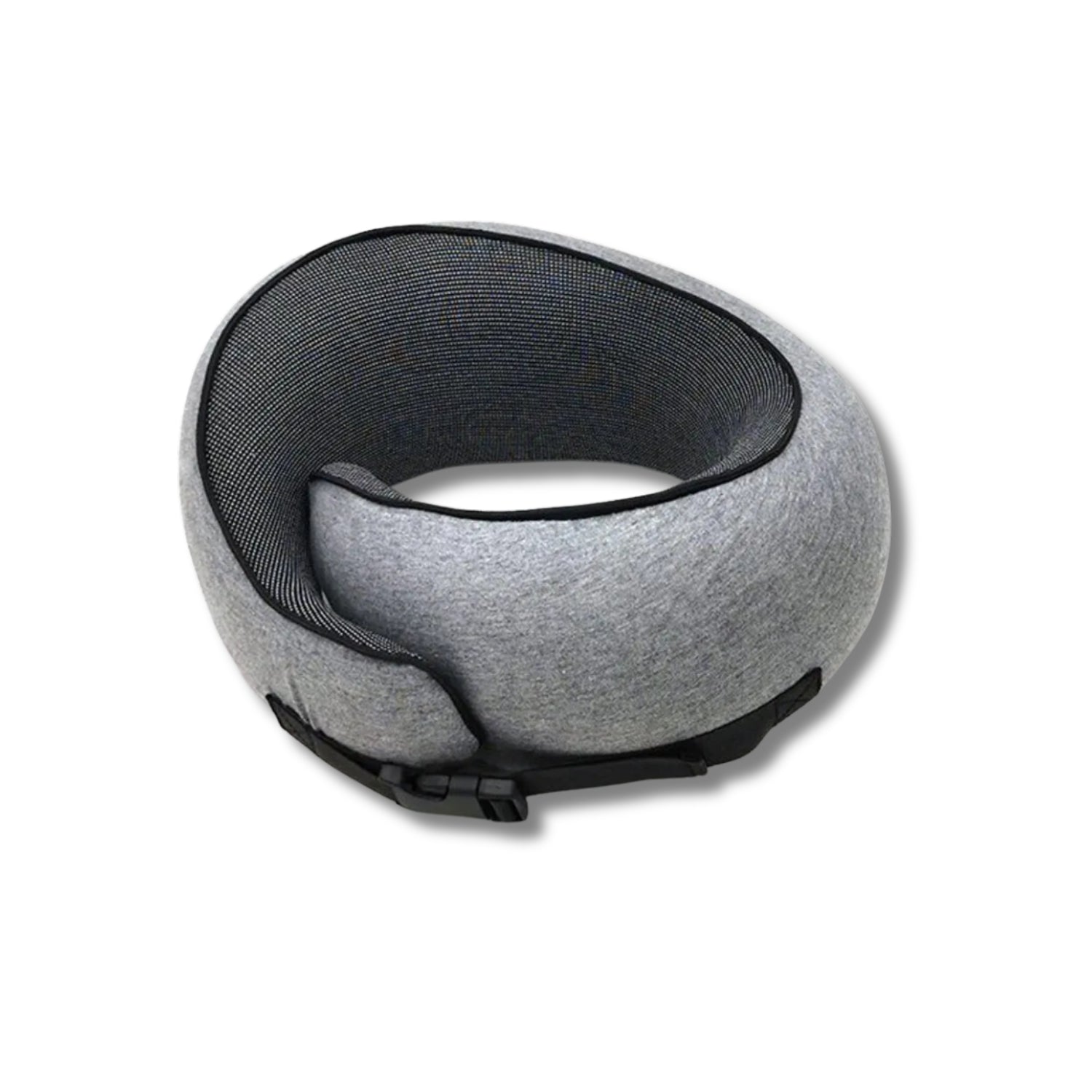 Gray travel pillow with black mesh on a white background