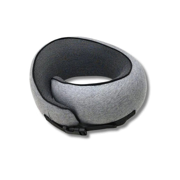 Gray travel pillow with black mesh on a white background