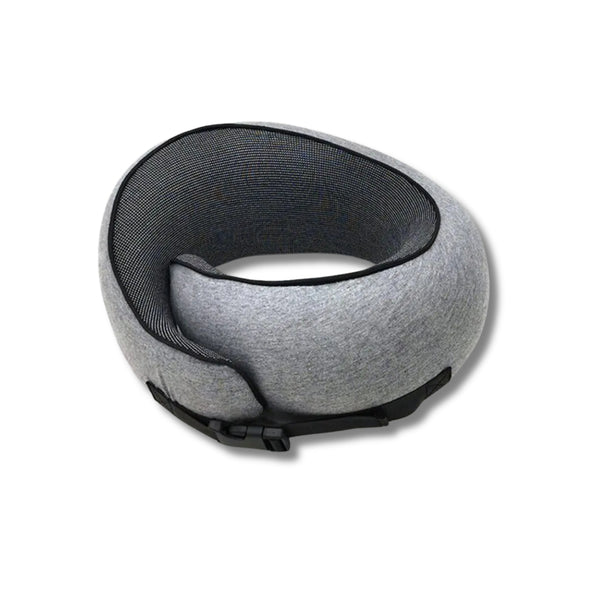 Gray travel pillow with black mesh on a white background