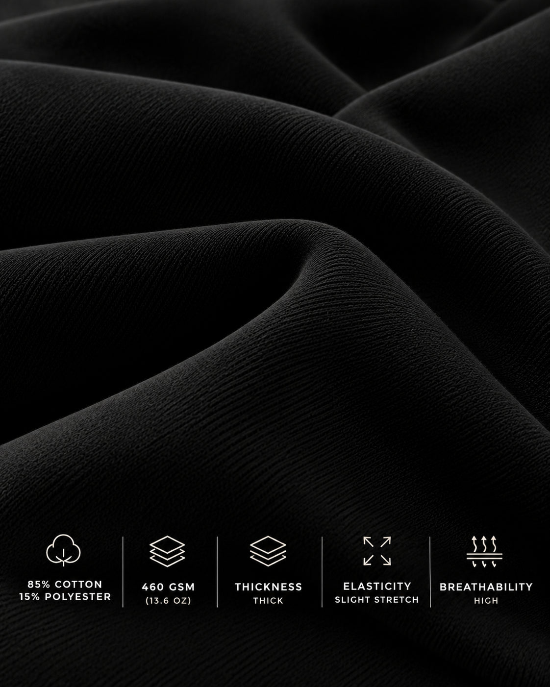 Close-up of the black 460gsm heavyweight fleece, 85% cotton and 15% polyester