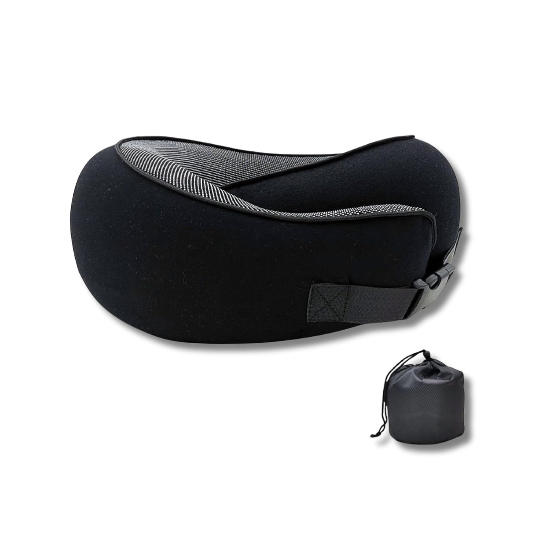 Gray travel pillow with black mesh on a white background
