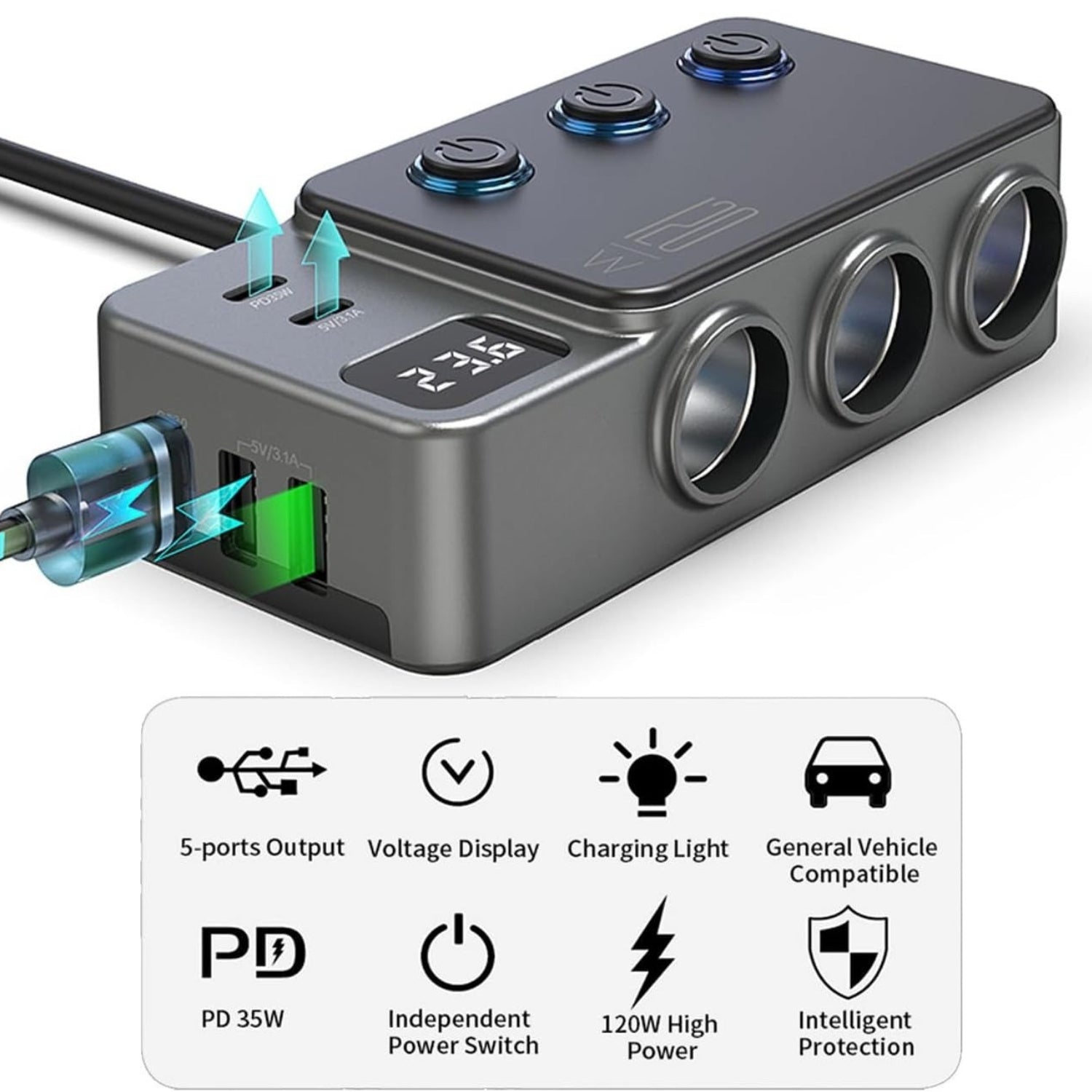 PowerHub Pro 8-in-1 — 120W Smart Car Power Adapter with USB-C PD & DC Sockets Automotive Must