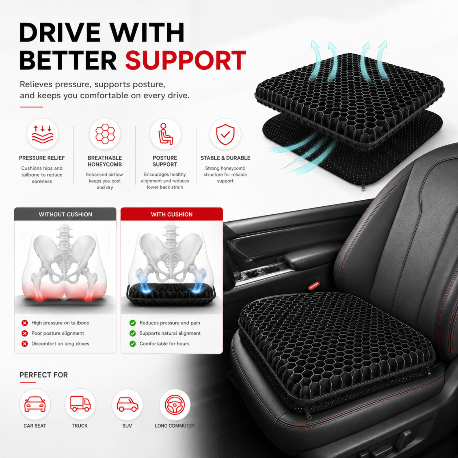 Honeycomb Gel Seat Cushion AutomotiveMust