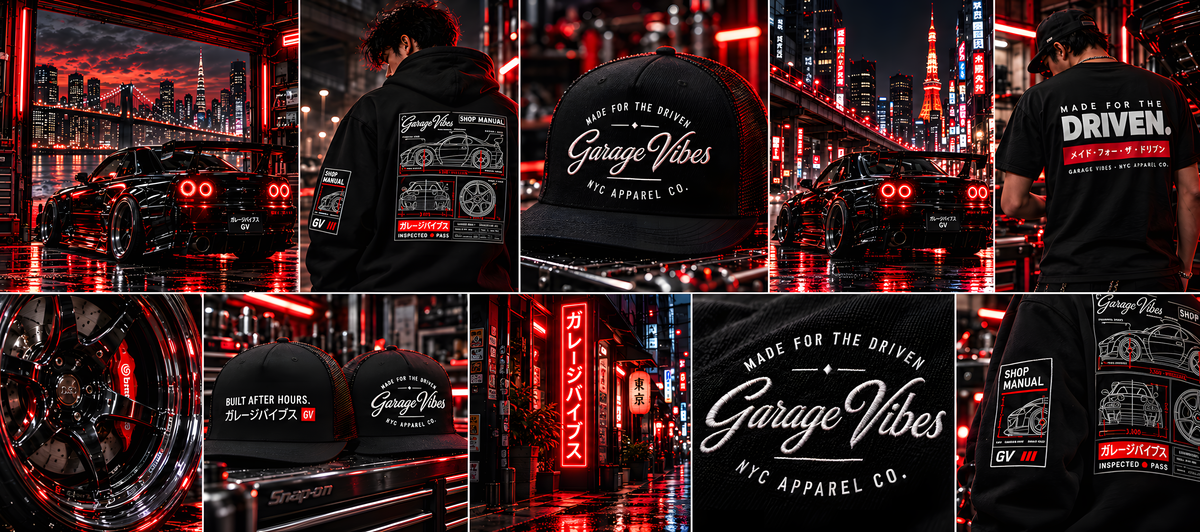 Collage of Garage Vibes hoodies, caps and tees with Japanese sports cars and neon city streets