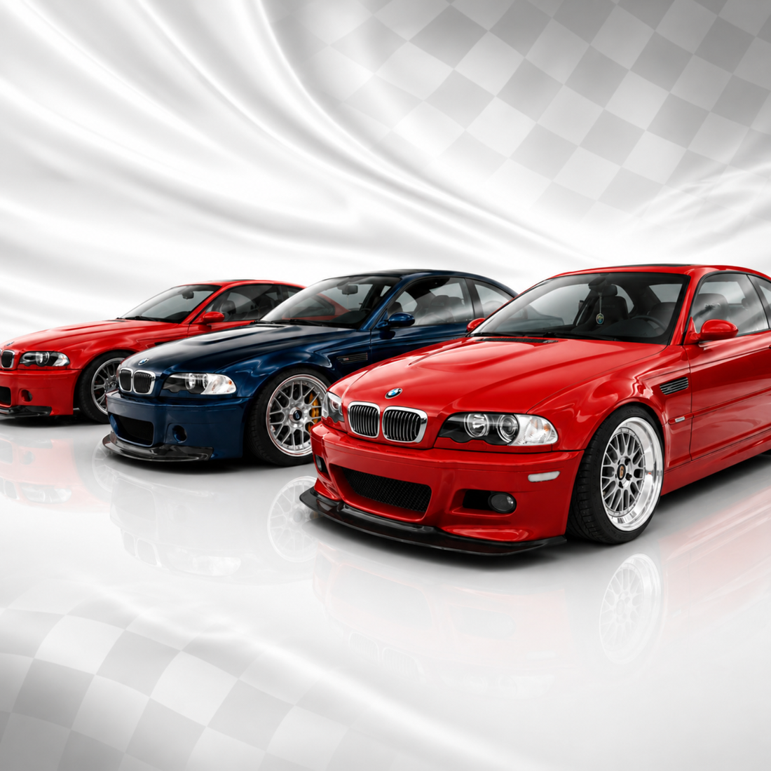 Trio of BMW M3 coupes against a checkered flag — earn points and rewards on every AutomotiveMust order.