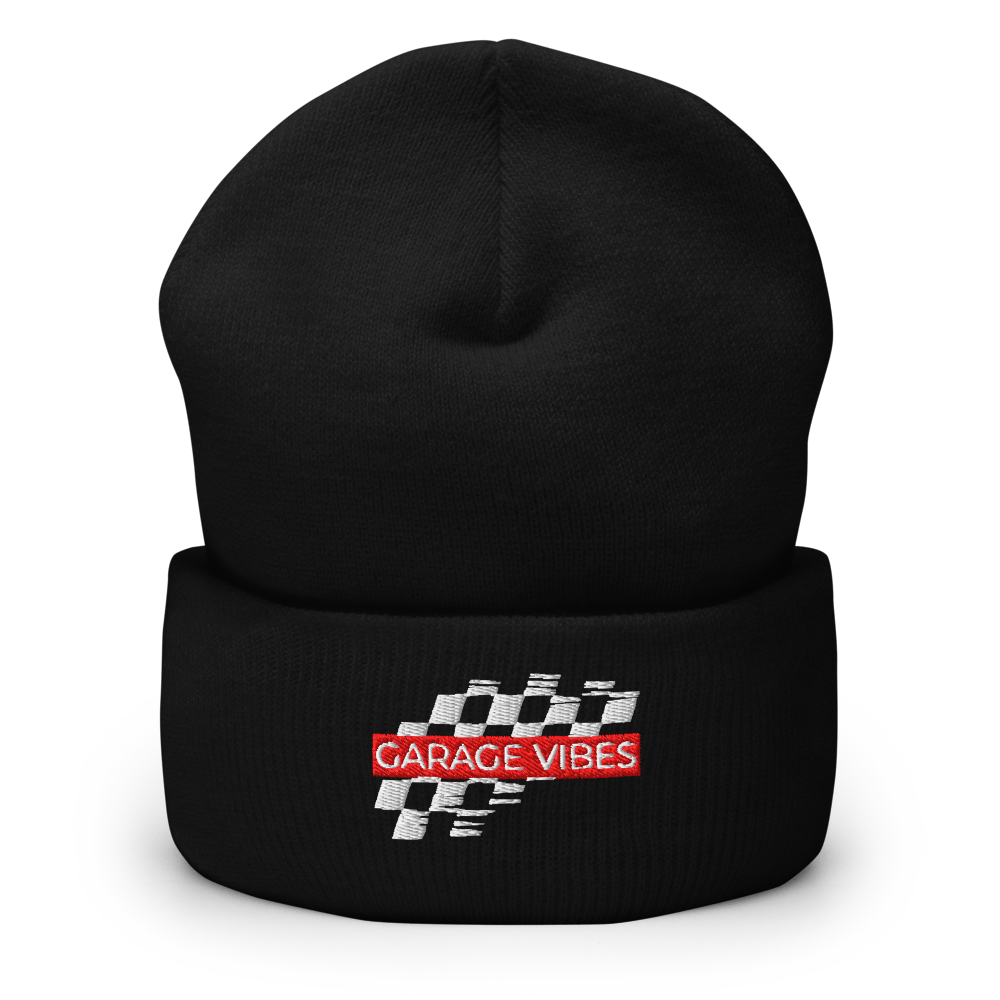 Black beanie with 'Garage Vibes' logo on a white background