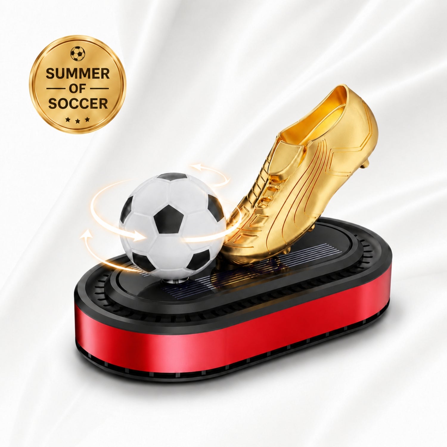 GoalScent solar soccer car air freshener with golden cleat and rotating soccer ball on a red base