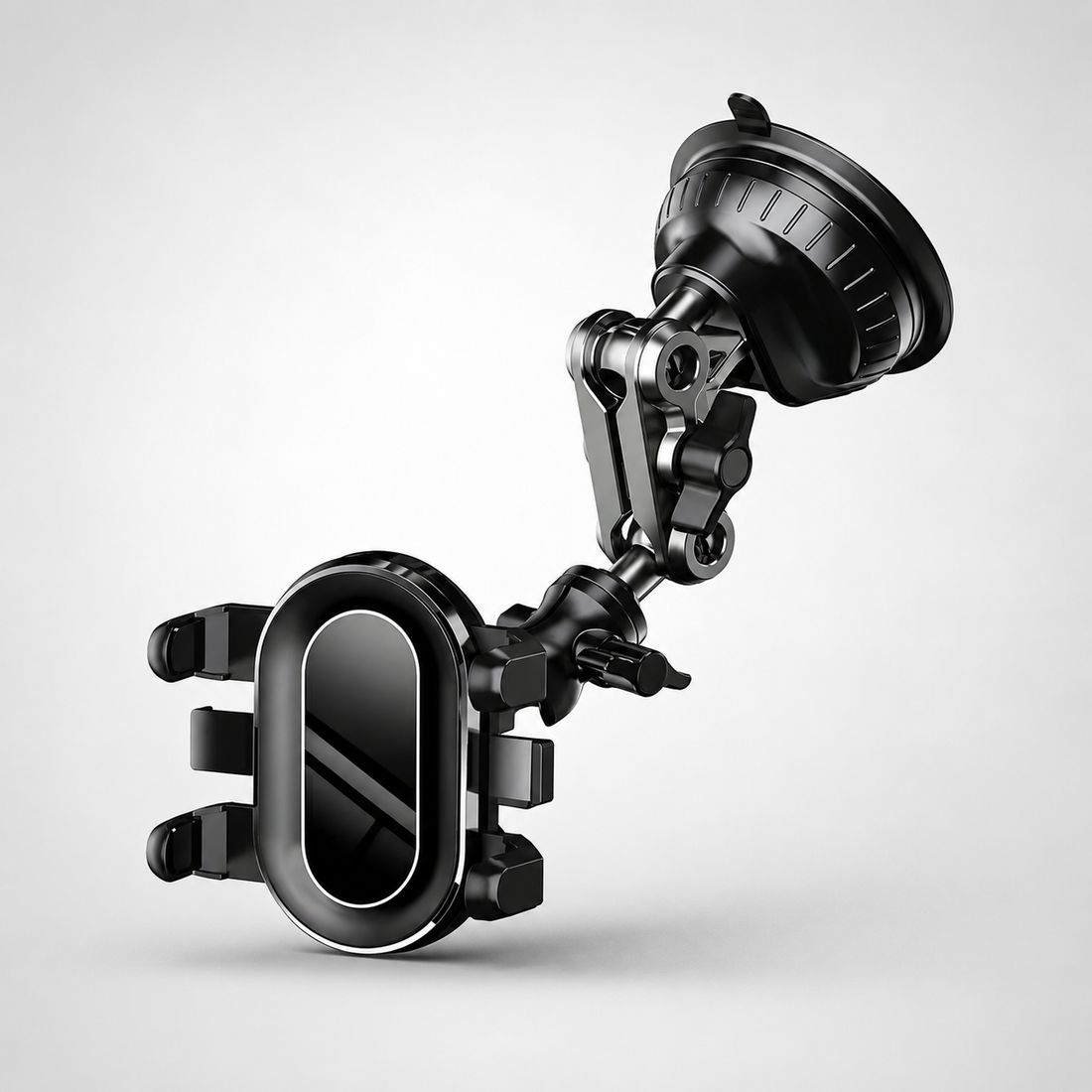MountPro 360 Universal Car Phone Holder with adjustable articulating arm, suction cup windshield mount, and 360-degree rotating phone cradle in matte black finish