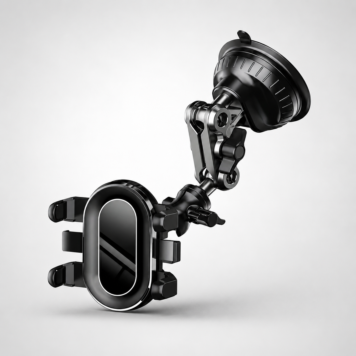 MountPro 360 Universal Car Phone Holder with adjustable articulating arm, suction cup windshield mount, and 360-degree rotating phone cradle in matte black finish