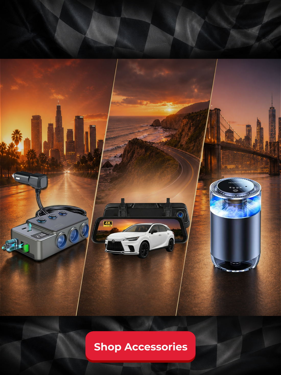 Three premium car accessories displayed across sunset city backdrops — a multi-port car power adapter, a 4K smart rearview mirror dash cam, and a cylindrical car air purifier — with a Shop Accessories button