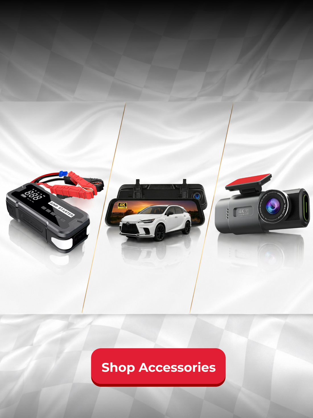 AutomotiveMust premium car accessories — jump starter, 4K mirror dash cam, and 4K dash cam on racing-inspired background