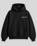 Front of the black Junsei No. 02 Katakana heavyweight hoodie with the Garage Vibes script on the chest