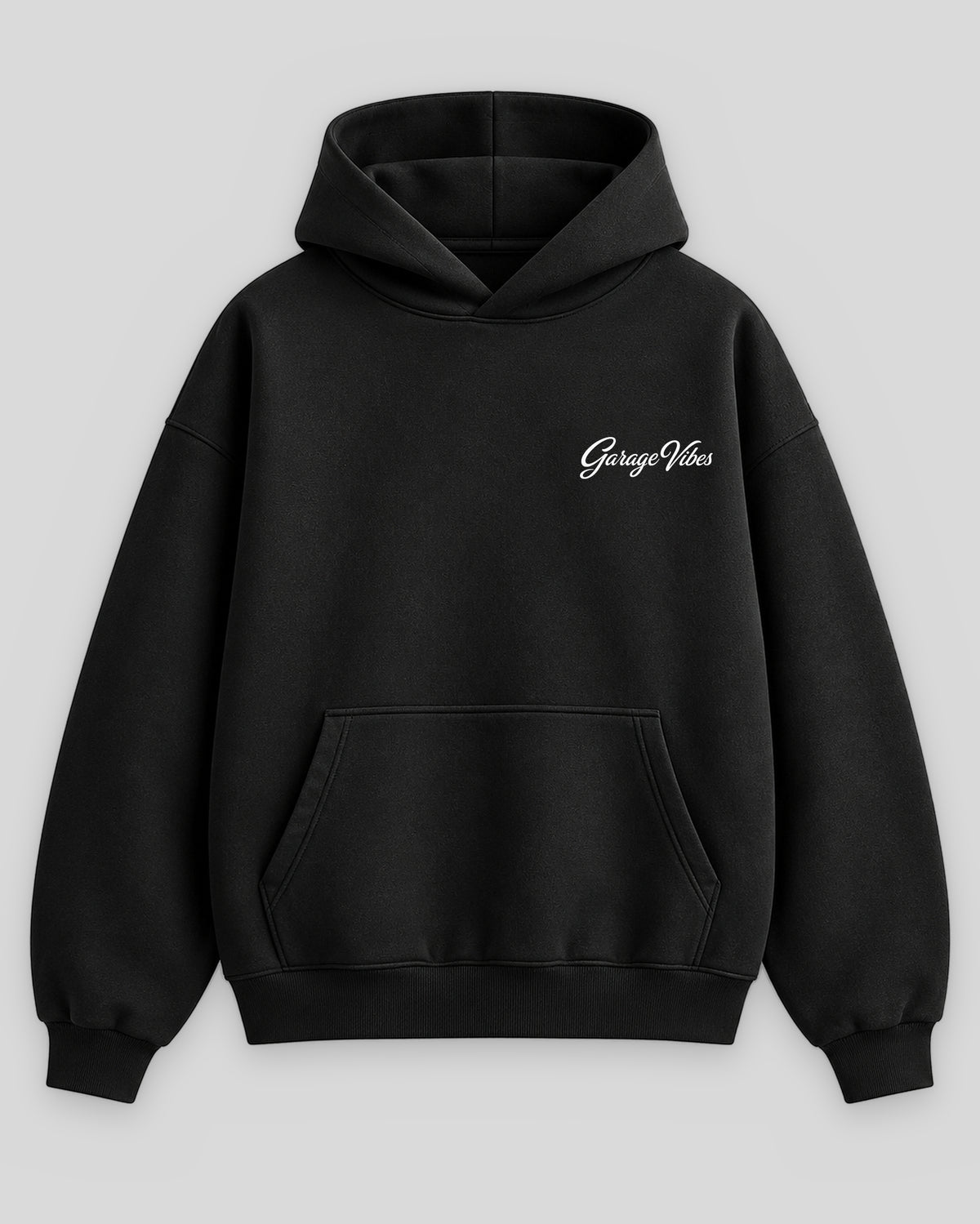 Front of the black Junsei No. 02 Katakana heavyweight hoodie with the Garage Vibes script on the chest