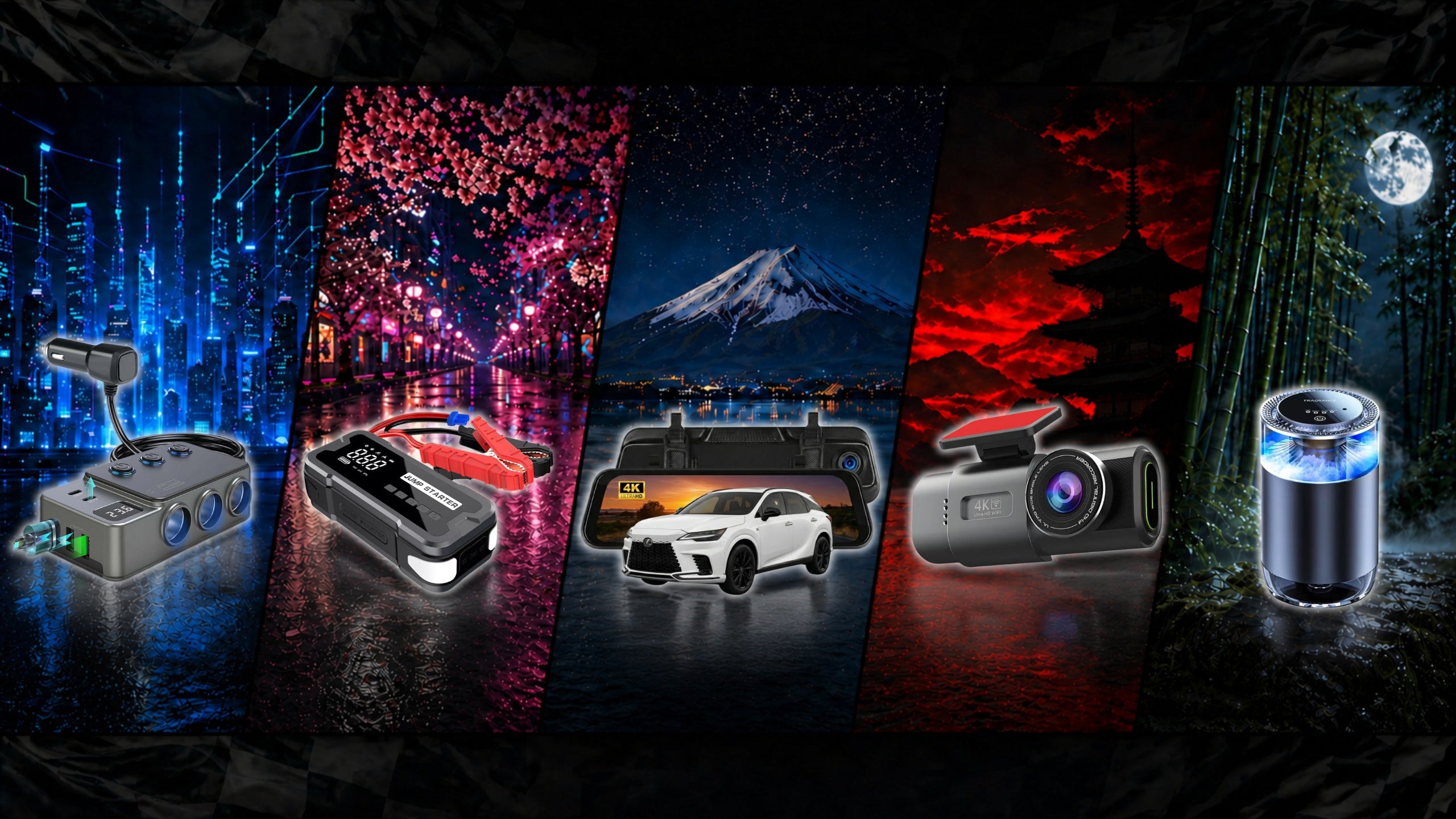 Premium car accessories hero banner featuring jump starter, dash cam mirror, and compact dash cam