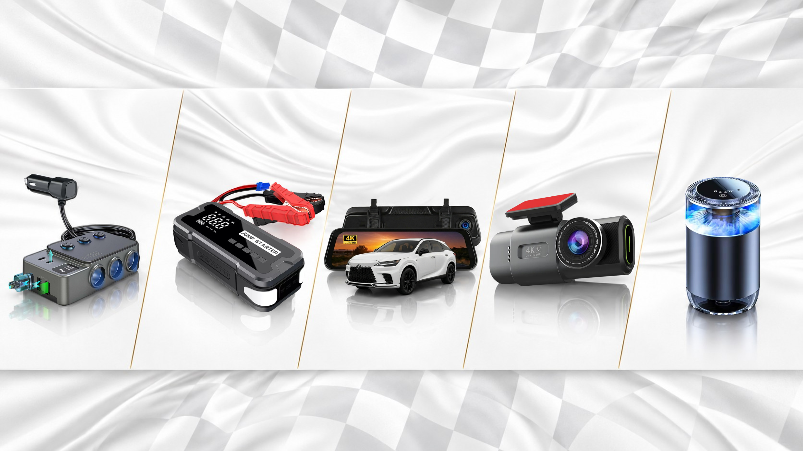 AutomotiveMust car accessories — 12V multi-socket splitter, portable jump starter, 4K mirror dash cam, Ultra HD WiFi dash camera, and car air purifier on a checkered-flag background.