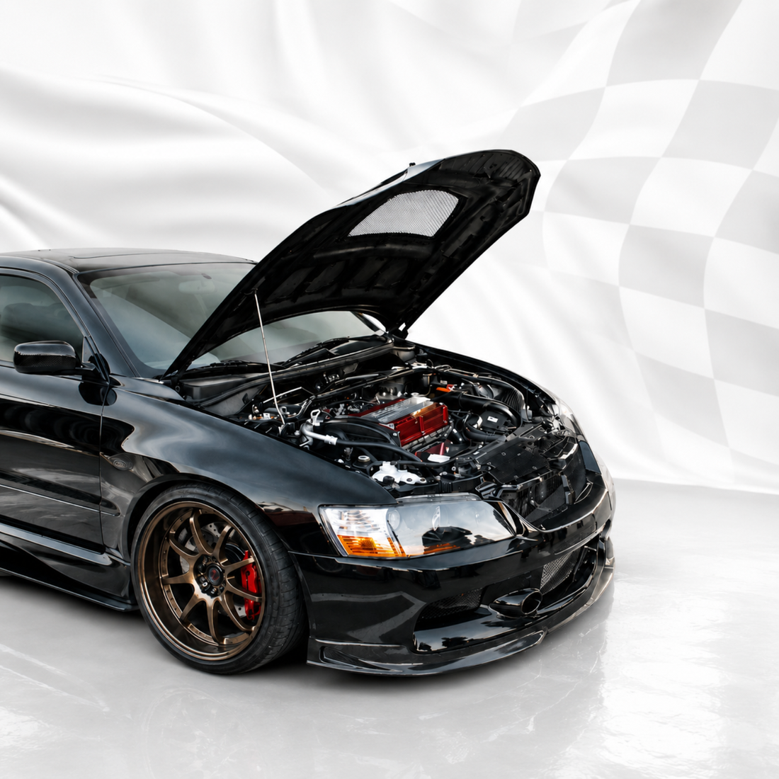 Black Honda with open hood and bronze wheels showing engine bay maintenance — AutomotiveMust car care guide