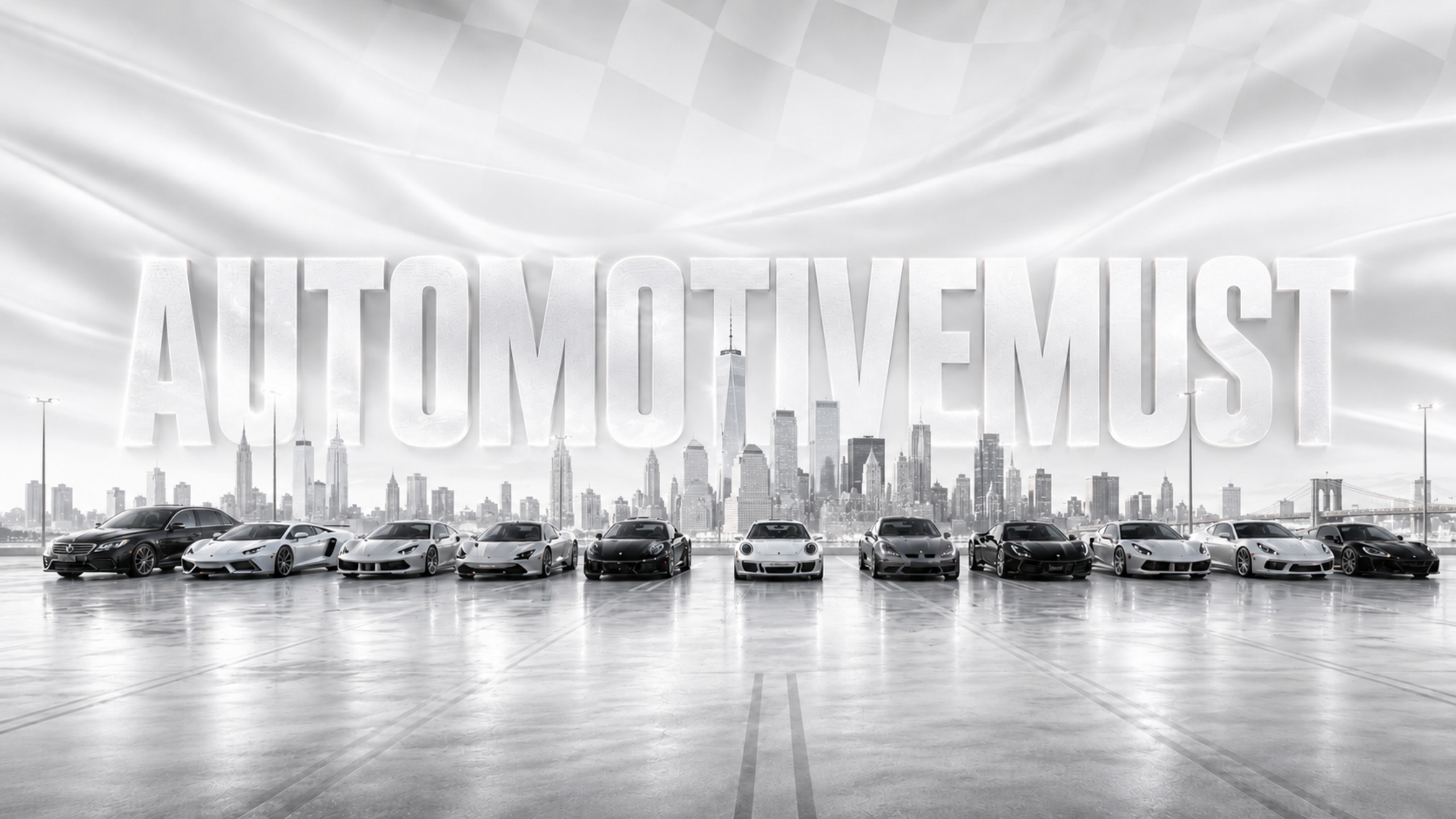 Black and white lineup of premium supercars including Porsche, Lamborghini, and Ferrari parked in front of the New York City skyline with One World Trade Center, featuring the AutomotiveMust logo and a racing checkered flag overhead.