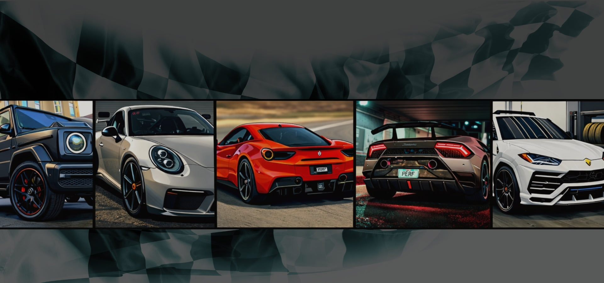 Premium car accessories and automotive lifestyle brand banner featuring luxury sports cars and performance vehicles