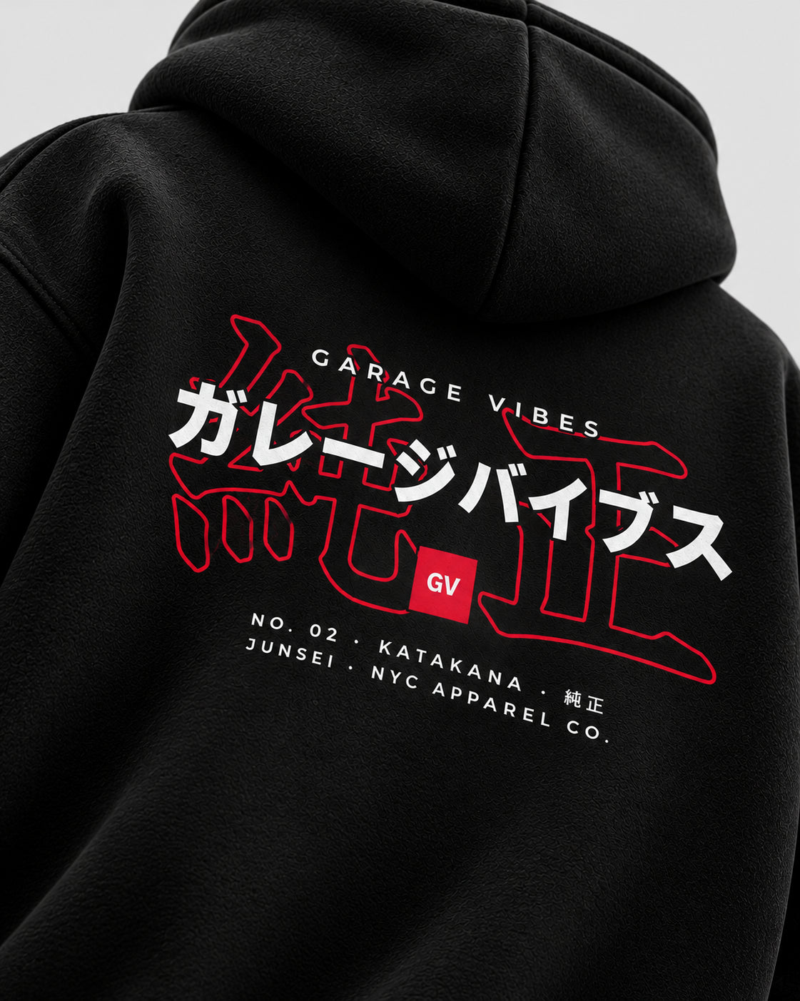 Close-up of the Katakana back print on the Junsei No. 02 hoodie