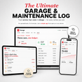 The Garage maintenance log app shown on tablet, desktop, and phone — tracking service, fuel, costs, and mileage across multiple vehicles. Private and offline.