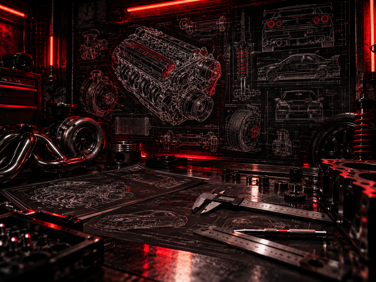 Engine drawings and tools on a garage workbench