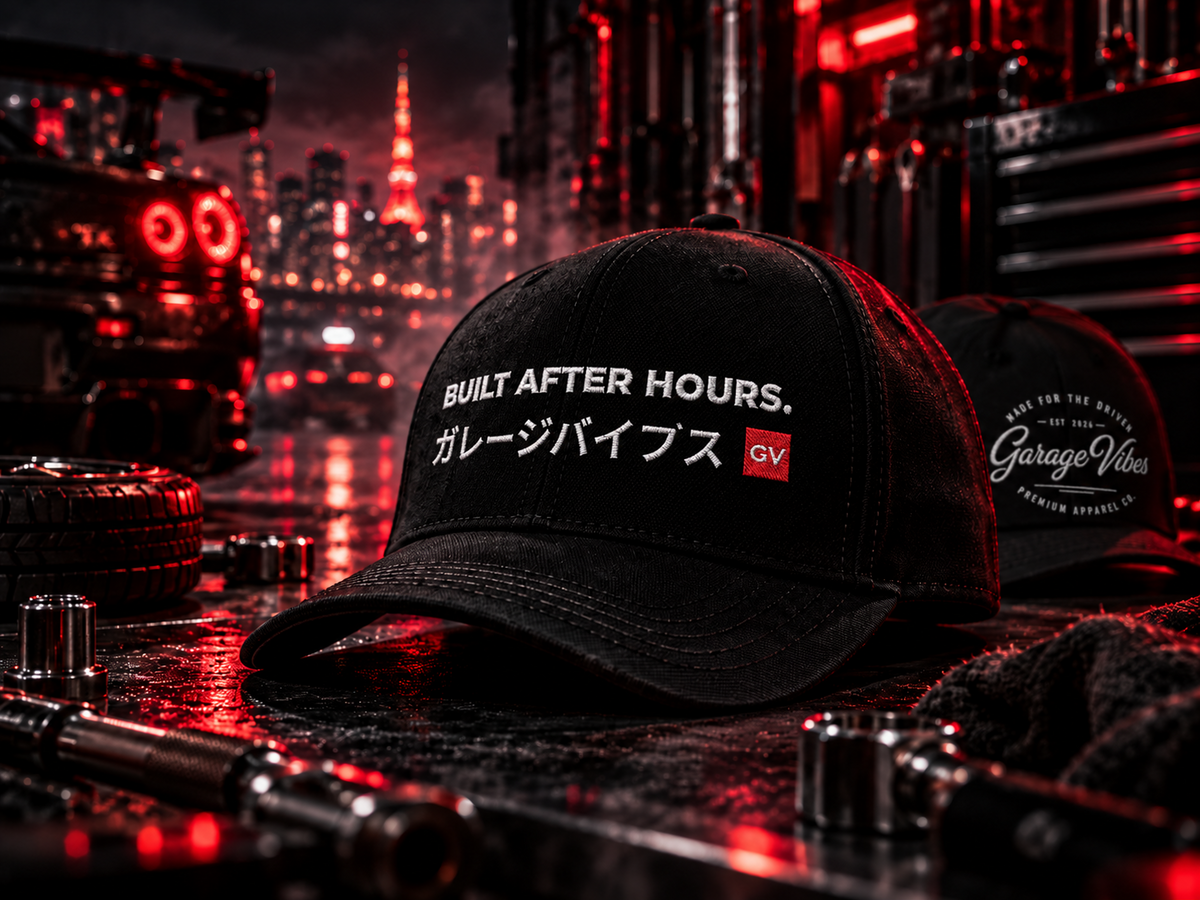 Built After Hours embroidered cap on a workbench
