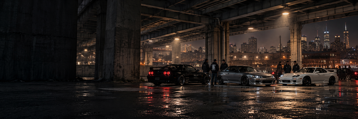 Japanese sports cars and enthusiasts gathered beneath a New York City overpass at night
