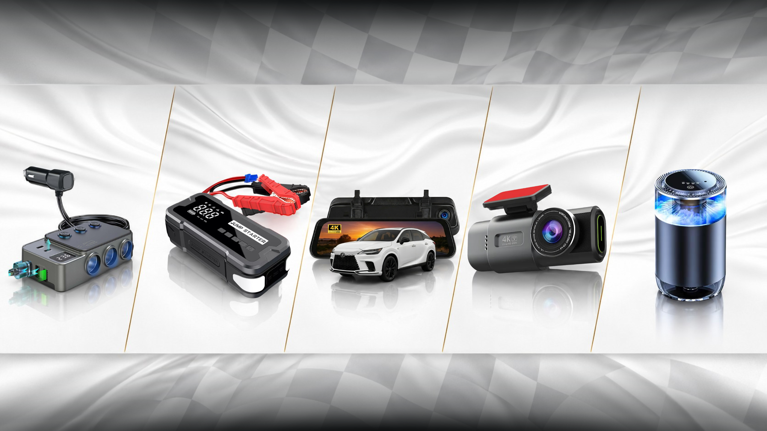 AutomotiveMust full product lineup — car power adapter, jump starter, 4K mirror dash cam, 4K dash cam, and car air purifier on premium racing background